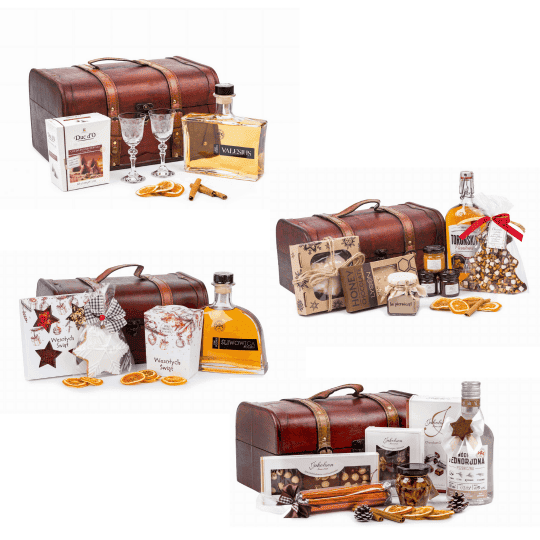 zestawy prezentów świątecznych w drewnianym kuferku