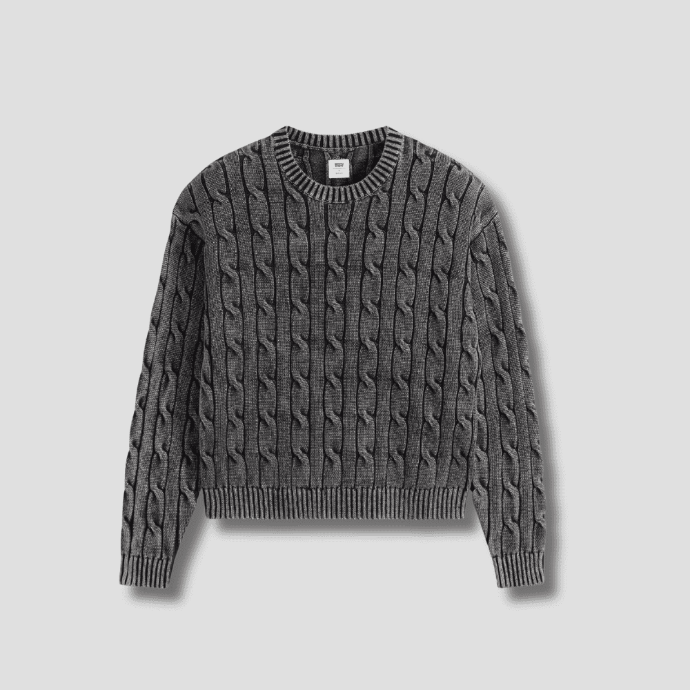 Męski szary sweter Levi’s® Carmel Cable Crew o splocie warkoczowym jako premium odzież firmowa dla organizacji i instytucji