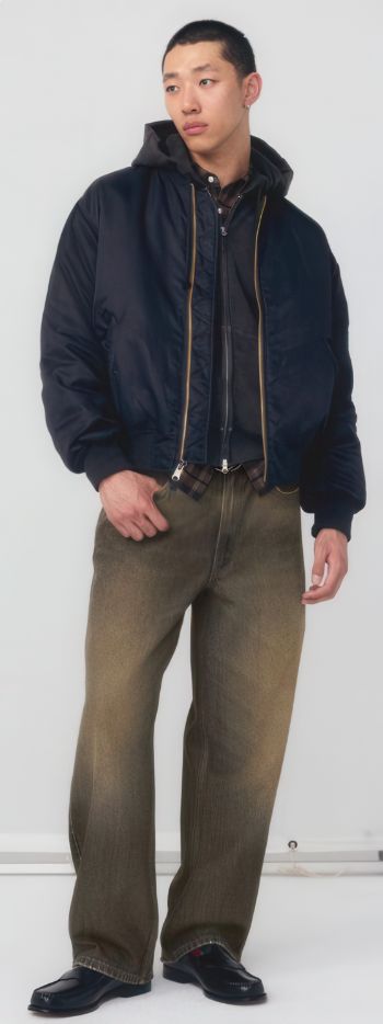 Męska stylizacja Levi’s® Men z bomberką MA-1, czarną bluzą i koszulą w kratę jako nowoczesna odzież firmowa premium dla zespołów