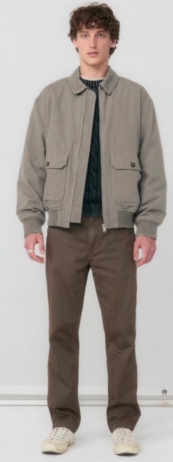 Męska stylizacja Levi’s® Men z kurtką Cortland, swetrem i spodniami chino jako elegancka odzież firmowa premium dla zespołów