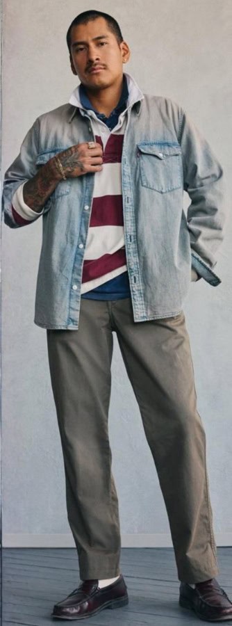 Męska stylizacja Levi’s® Men z koszulą denimową, rugby shirt i spodniami chino jako nowoczesna odzież wizerunkowa premium dla firm